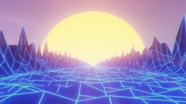 Gün batımında alçak poligramlı bir dağ manzarasında gezinen kamera, retrowave vintage döngü arka planı 