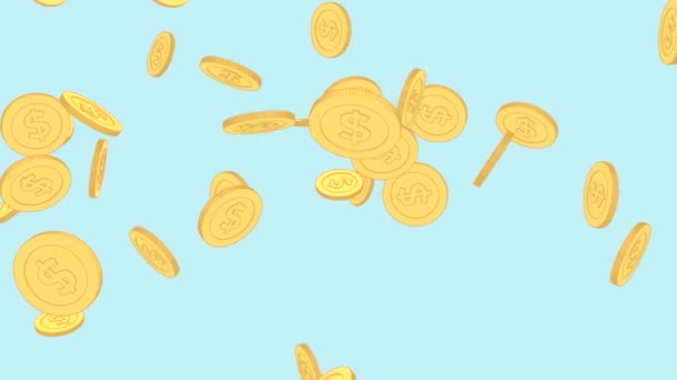 Goldmünzen Mit Dollarsymbol Fallen Auf Hellblauem Hintergrund Und Drehen Cartoon — Stockvideo