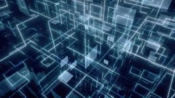 Câmera Navegando Holograma Tecnológico Circuito Azul Espaço Cidade Fundo Loop — Vídeo de Stock