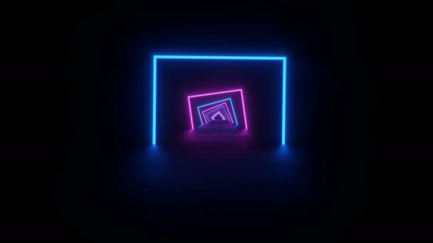 Тунель Утворений Фіолетовими Синіми Квадратними Неонами Обертаються Чорній Відбиваючій Підлозі — стокове відео