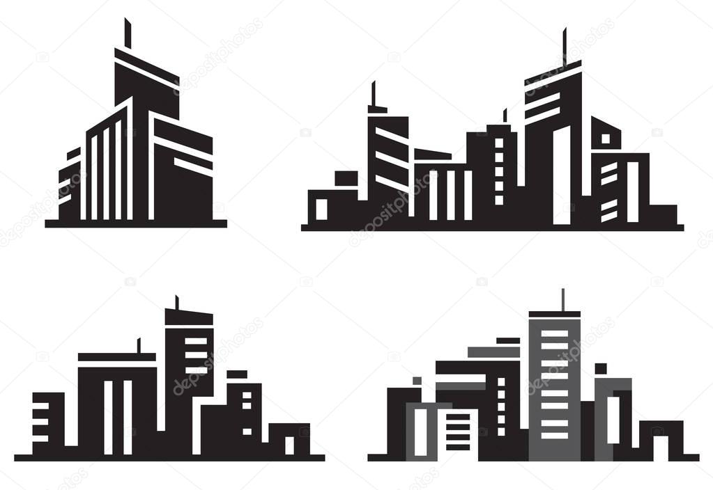 City buildings silhouette icons. Vector illustration