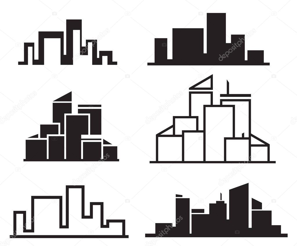  city buildings silhouette icons.