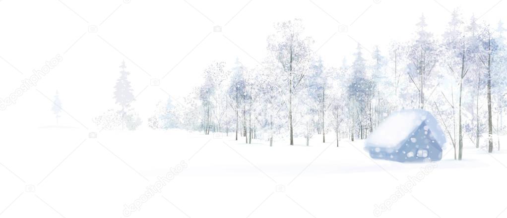 winter scene with house in forest. 