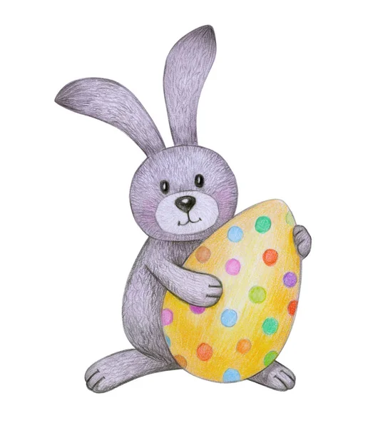 Cute Easter Bunny Holding Easter Egg Isolated White Background — Stock Photo, Image