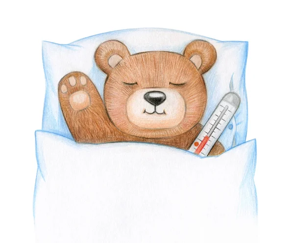 Teddybär Mit Thermometer Liegt Krank Bett — Stockfoto