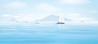 Mavi deniz, gökyüzü ve yatlar vektör Illustration. Renkli arka plan 