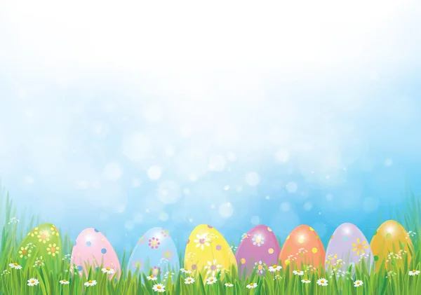 Vector Easter Eggs Green Grass Easter Holiday Background — Stock Vector