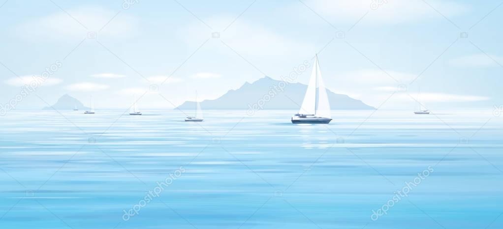 Vector illustration of blue sea, sky and yachts. Colorful background 