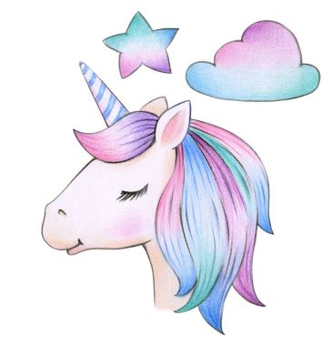 Sihirli unicorn dikey, yıldız ve beyaz arka plan üzerinde izole bulut 
