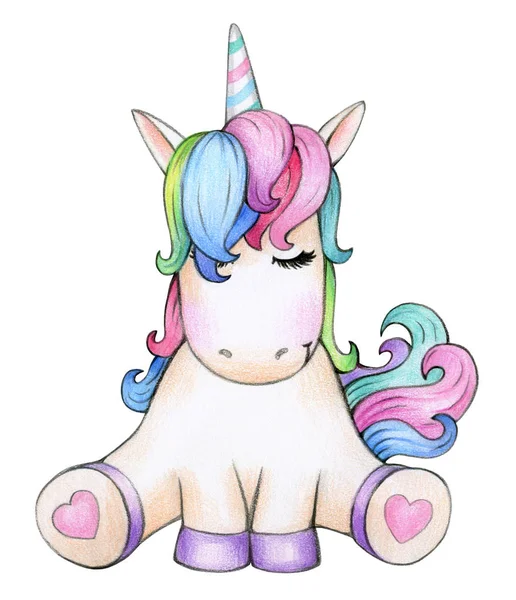 Cute Sitting Unicorn Cartoon Isolated White — Stock Photo, Image