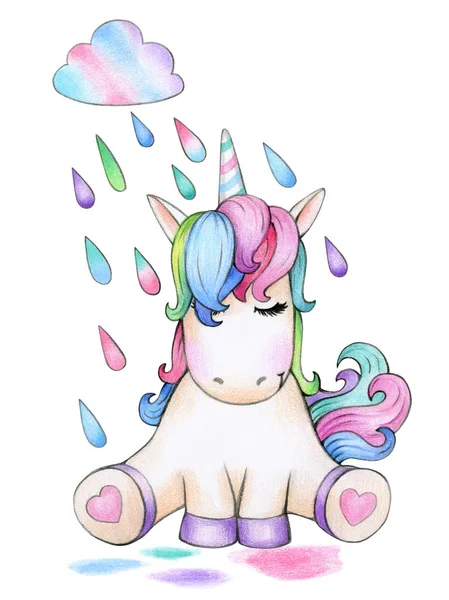 Cute sitting unicorn cartoon and raining, isolated on white.