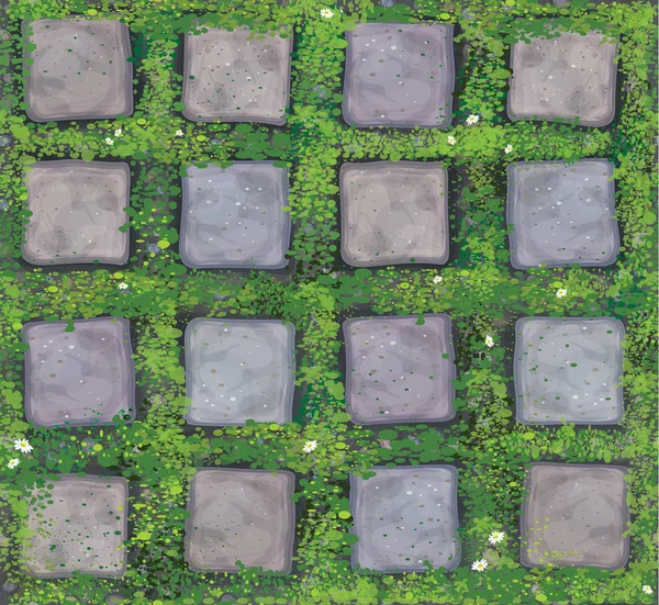 Vetor Textura Sem Costura Pedras Cinzas Pavimento Coberto Grama —  Vetores de Stock