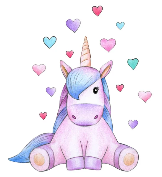 sitting unicorn cartoon with hearts on white background