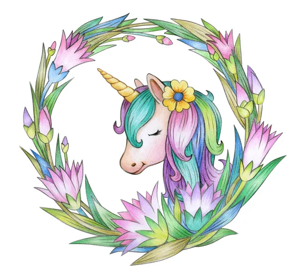 Unicorn Floral Frame Witte Achtergrond — Stockfoto