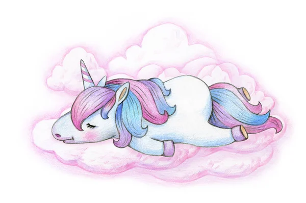 Unicornio Durmiendo Sobre Una Nube Rosa Aislada Sobre Fondo Blanco —  Fotos de Stock
