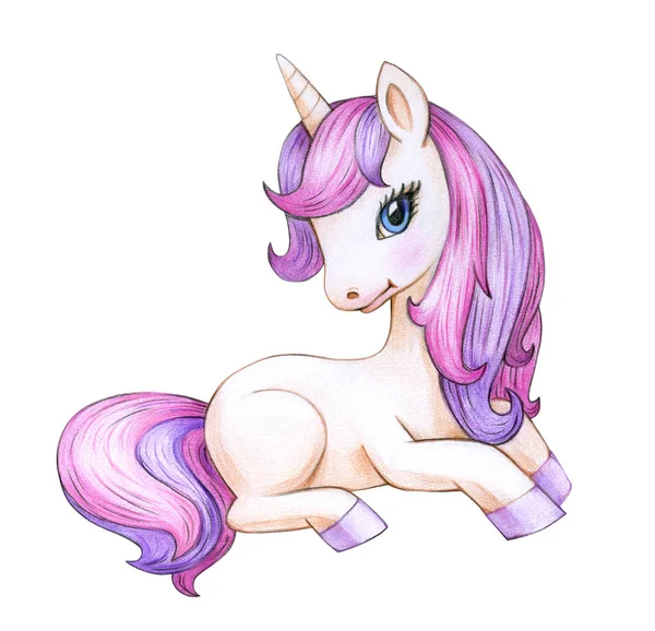 Sitting Unicorn Cartoon Isolated White Background — Stock Photo, Image