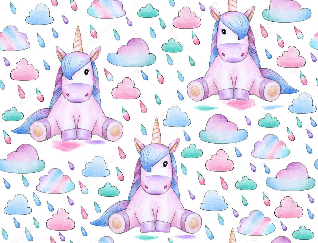 set of unicorns sitting under rain on white background