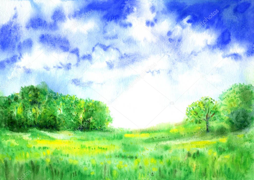 Summer landscape with blue sky and green forest background