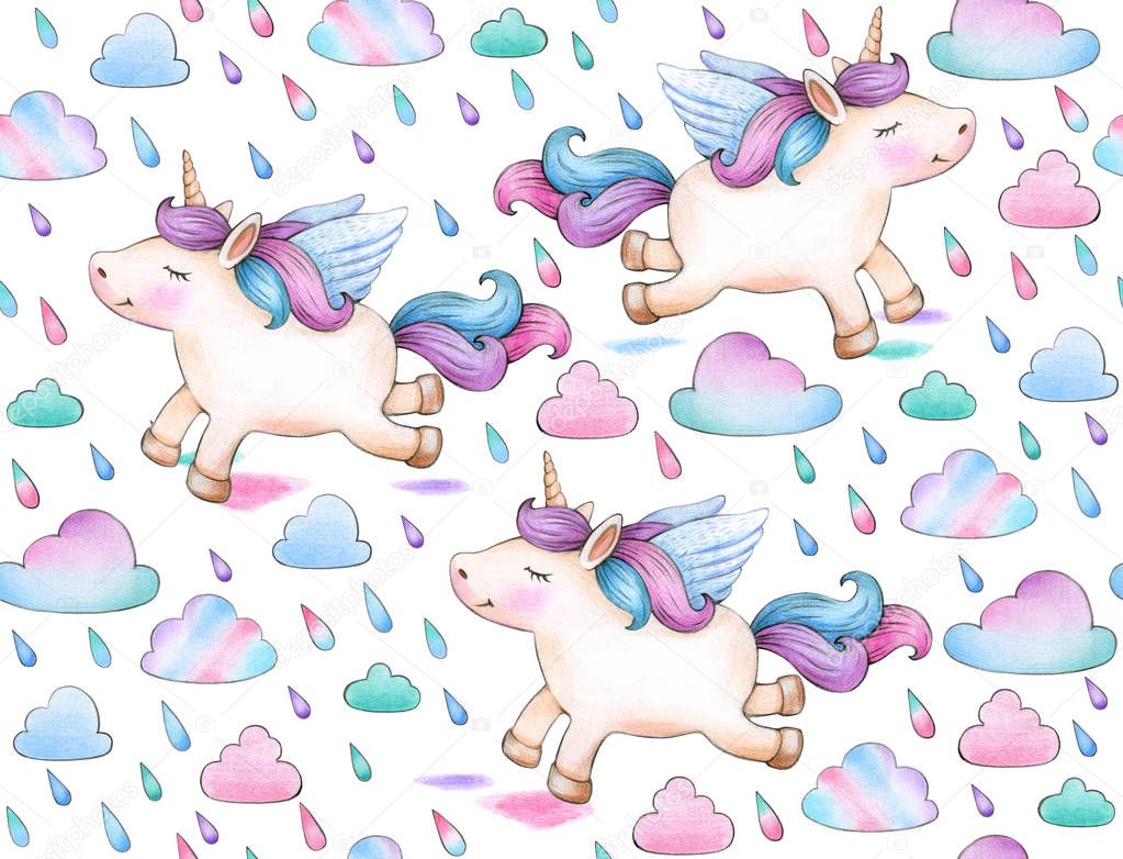 set of unicorns flying under rain on white background