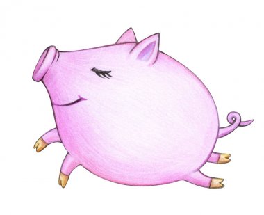 Komik, pembe domuz çizgi film, beyaz izole.