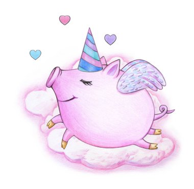  Pembe bulutlar şirin mutlu domuz karikatür.