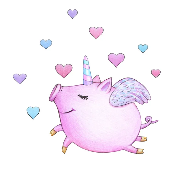 Mignonne Licorne Dessin Animé Porc Isolé Sur Blanc — Photo