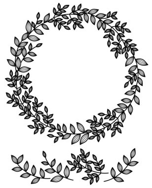 Daire çerçeve çiçek ve yaprakları beyaz arka planda siyah dal