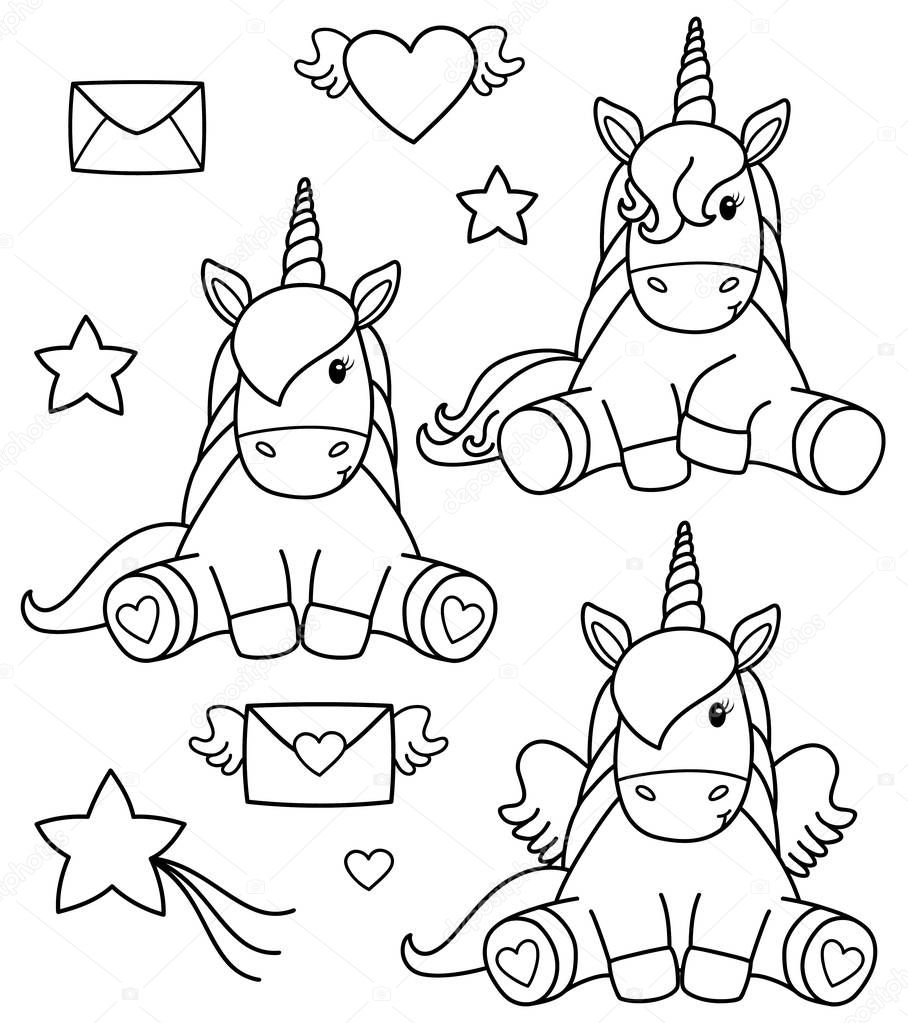 set of unicorn cartoons and elements on white background