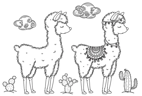 Vector baby llama cartoons, black silhouette for coloring. — Stock Vector