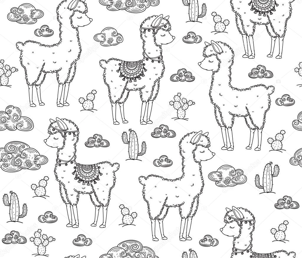 Vector baby llama cartoons seamless pattern.