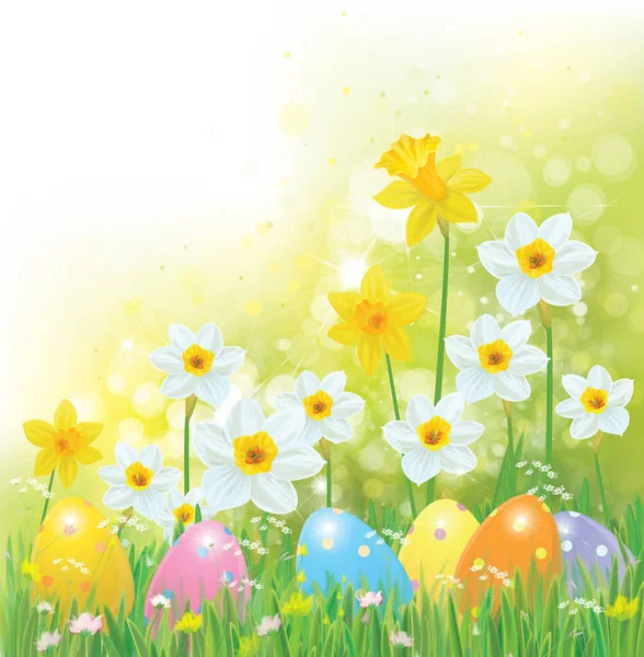 草坪和水仙花中的病媒复活节彩蛋 复活节背景 — 图库矢量图片
