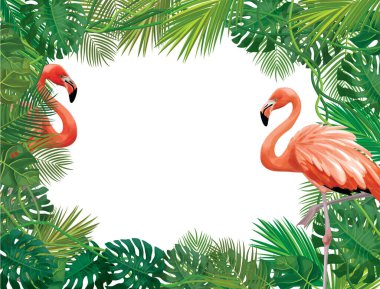 Çiçek desenleri, tropikal yapraklar ve flamingolar izole edilmiş..