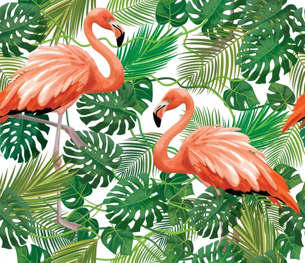 Seamless Tropical Floral Pattern Exotic Leaves Flamingos Isolated — Stock Vector
