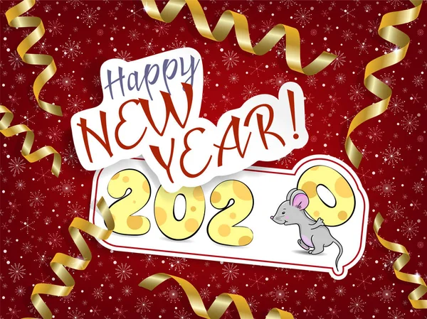 Szczęśliwego Nowego Roku 2020 Cute Karty Myszką Czerwonym Tle — Wektor stockowy