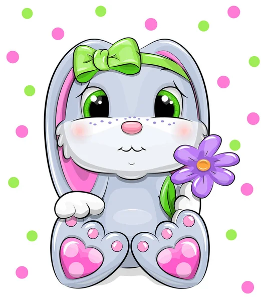 Mignon Lapin Dessin Animé Illustration Vectorielle Animal Avec Fleur Violette — Image vectorielle