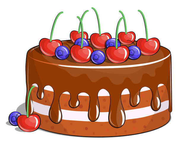 Сладкий шоколадный торт с ягодами. Векторная иллюстрация милого десерта с черникой и вишней, выделенных на белом
.