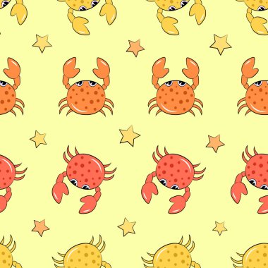Seamless pattern with sea crabs. Vector illustration of cartoon background with sea creatures and stars.