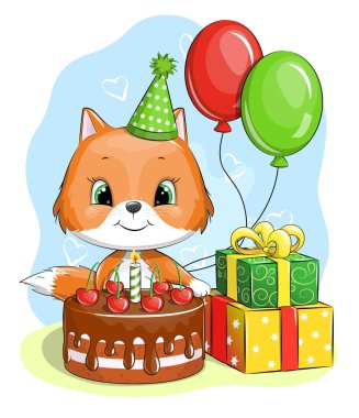 Çizgi film tilki doğum günü partisi. Pasta, renkli balonlar ve hediyelerle vektör illüstrasyonu.