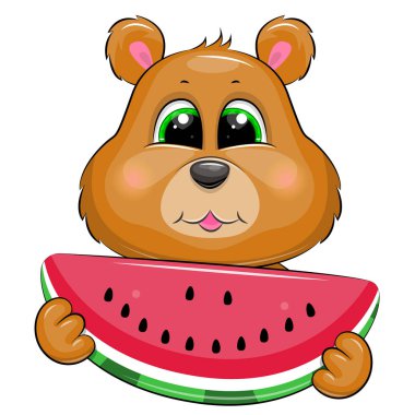 Kocaman yeşil gözleri ve karpuzu olan sevimli çizgi film ayısı. Beyaz üzerinde izole edilmiş bir hayvanın vektör çizimi.