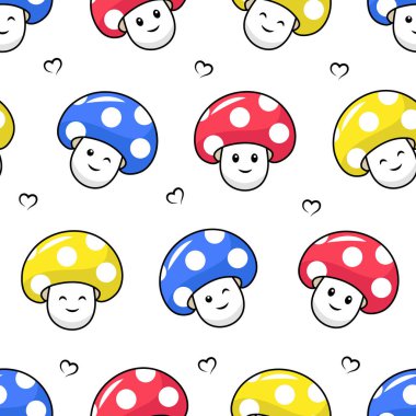 Çizgi filmlerdeki şirin mantarlarla kusursuz desen. Beyaz arka planda mantarlı ve kalpli vektör illüstrasyonu