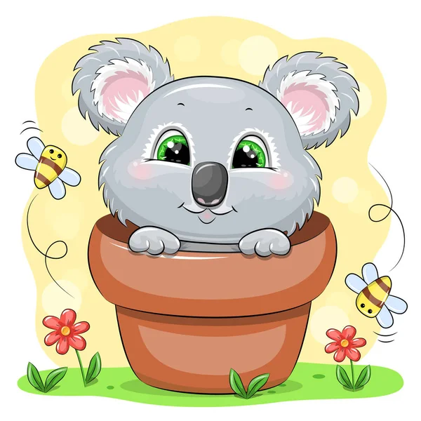 Cute Cartoon Koala Flower Pot Bees Flying Vector Illustration Animal — Stock Vector