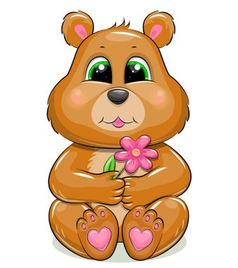 Şirin çizgi film ayısı pembe bir çiçek tutuyor. Beyaz üzerinde izole edilmiş bir hayvanın vektör çizimi.