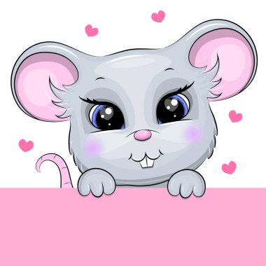 Büyük mavi gözlü şirin çizgi film faresi. Etrafında kalpleri olan bir hayvanın vektör çizimi.