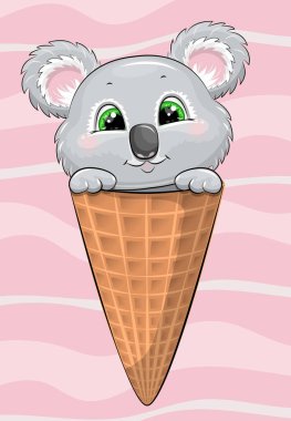 Dondurma külahında şirin bir çizgi film koalası. Pembe arka planda bir hayvanın vektör çizimi.