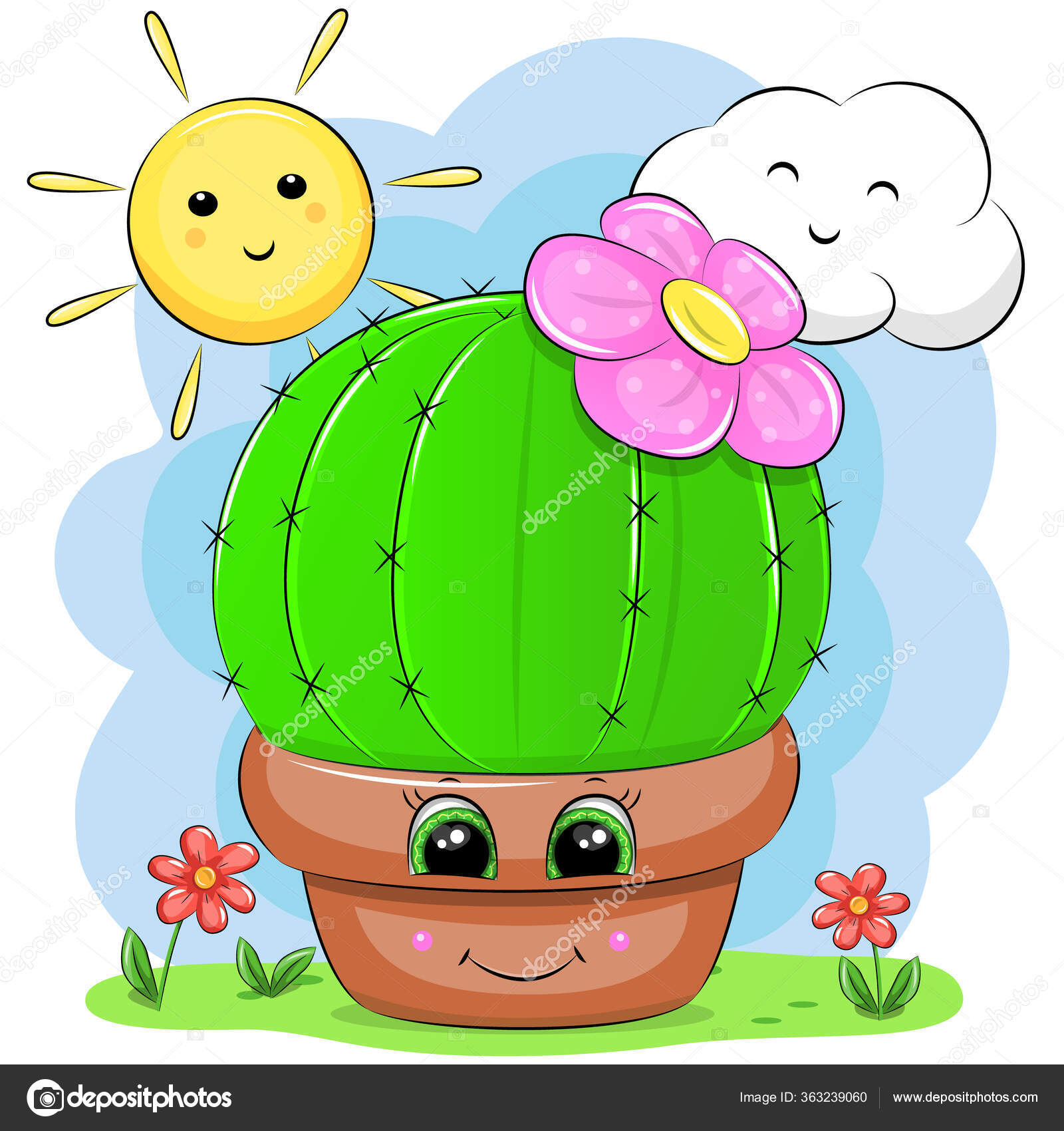 Cute Cartoon Cactus Flower Flower Pot Vector Illustration Plant Sun Stock  Vector Image by ©Oncidium #363239060