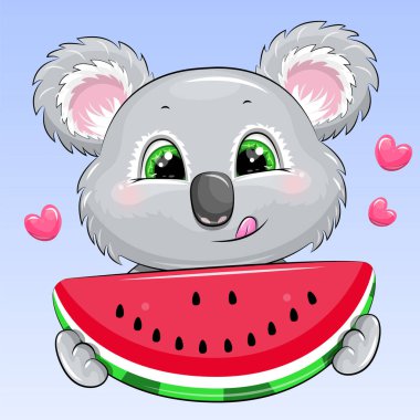 Tatlı çizgi film koalası karpuz yiyor. Mavi arka planda bir hayvanın vektör çizimi.
