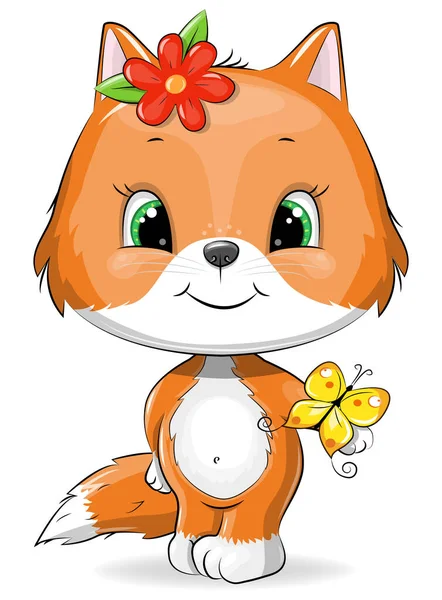 可爱的卡通狐狸与蝴蝶 白色孤立动物的病媒图解 — 图库矢量图片