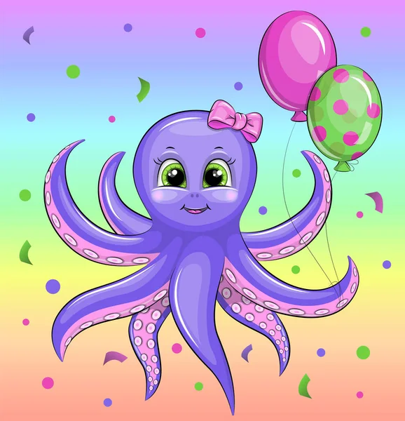 Lindo Pulpo Dibujos Animados Celebra Cumpleaños Ilustración Vectorial Animal Con — Archivo Imágenes Vectoriales