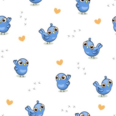 Çizgi filmlerdeki büyük gözlü sevimli kuşların kusursuz deseni. Beyaz arka planda sarı kalpli bir hayvanın vektör çizimi. 