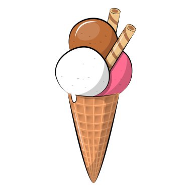 Çizgi film dondurma külahı ve gofret. Beyaz üzerine izole edilmiş tatlı yiyecekler..